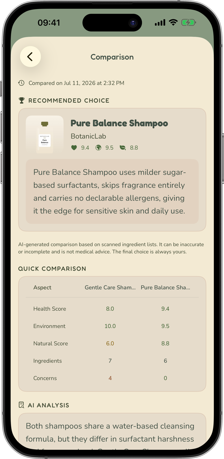 Comparison screen recommending one of two shampoos with a score table