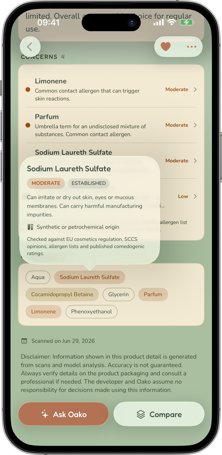 Ingredient concerns with a detail popover for Sodium Laureth Sulfate