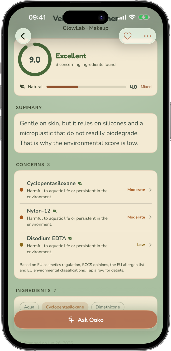 Product detail highlighting ingredients with environmental concerns