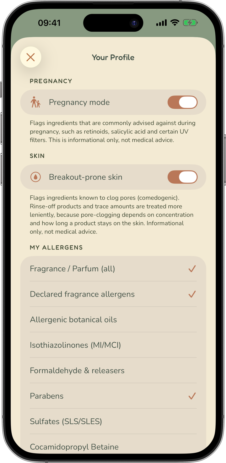 Profile screen with pregnancy mode, skin type and a personal allergen list