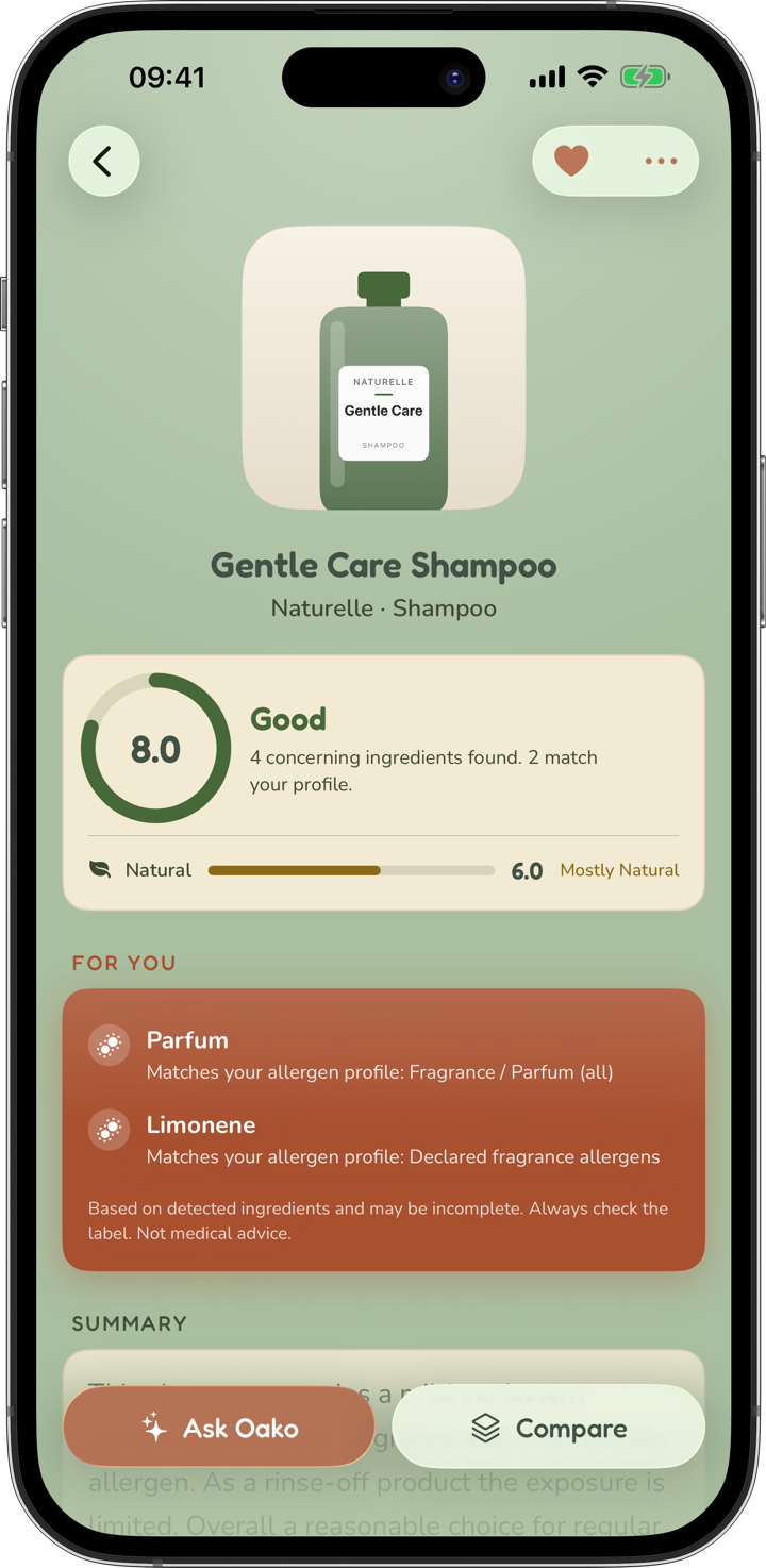 Oako showing a product with a health score of 8.0 and two personal allergen warnings