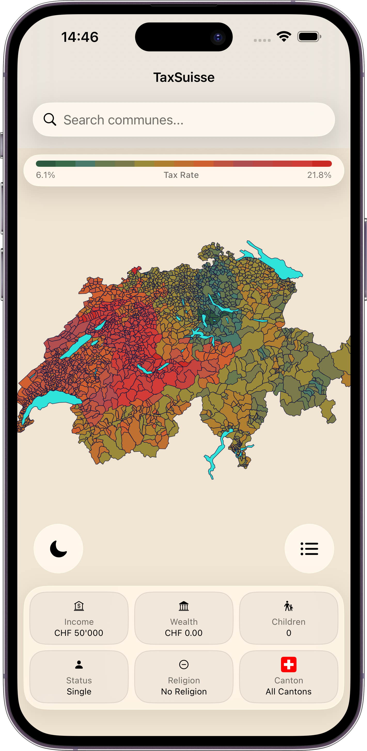 TaxSuisse showing the tax burden of every Swiss municipality on a coloured map