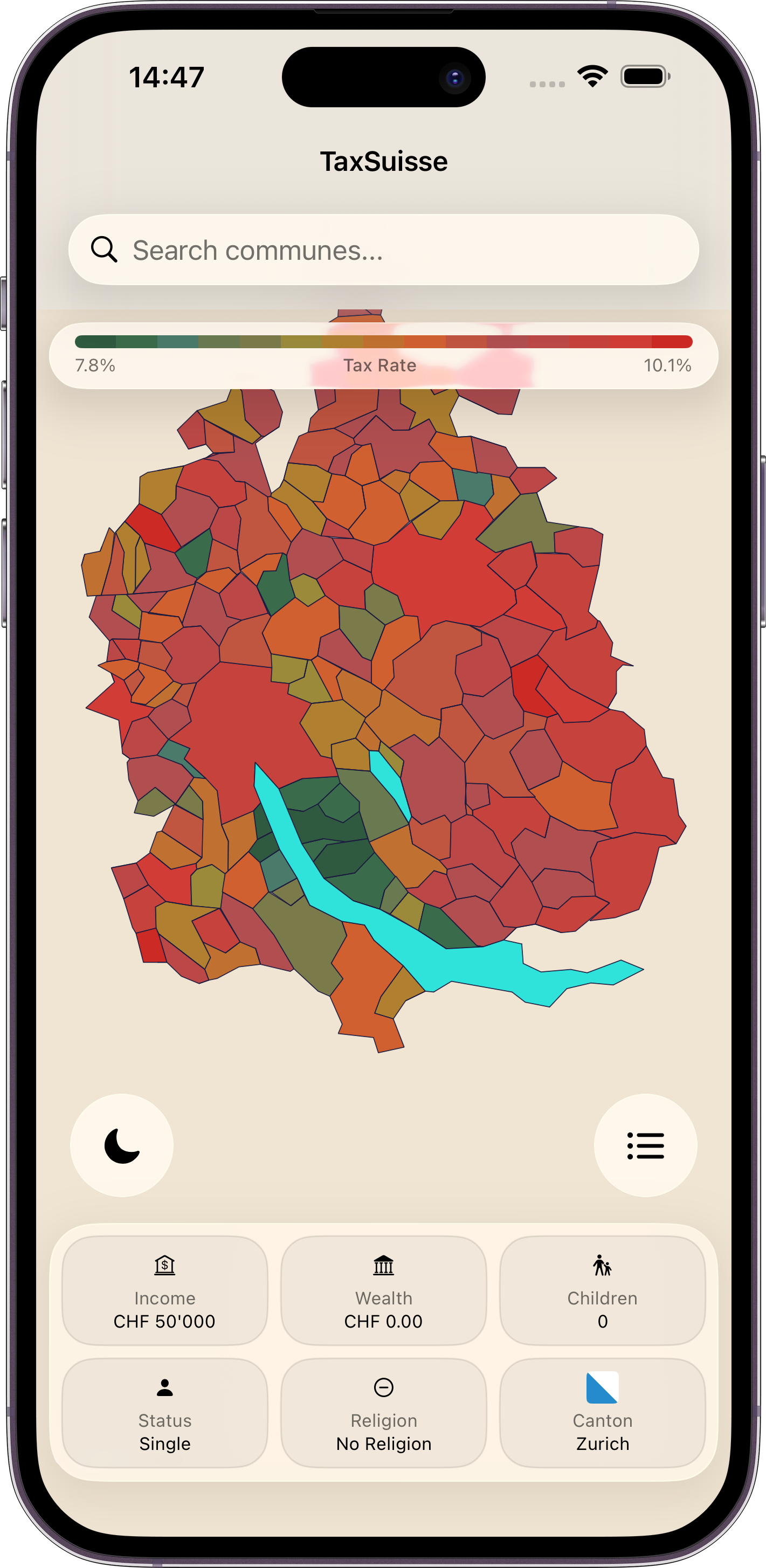 A single canton highlighted on the map with its municipalities shaded by tax rate